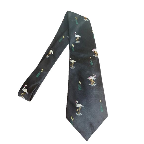 Polo Ralph Lauren Silk Flamingo Tie Cattails Made USA Handmade Vtg Black Gray - Picture 1 of 8